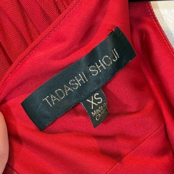 Tadashi Shoji Red Asymmetrical Ruched Mesh Draped Dress Women's XS - Picture 4 of 10